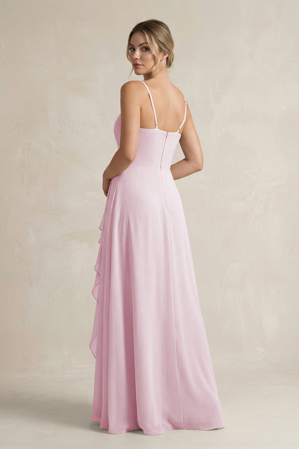 Candy Pink Sweetheart Ruffled A-Line Chiffon Bridesmaid Dress with Slit (2) | KISSBRIDAL