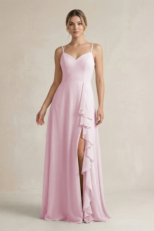 Candy Pink Sweetheart Ruffled A-Line Chiffon Bridesmaid Dress with Slit | KISSBRIDAL