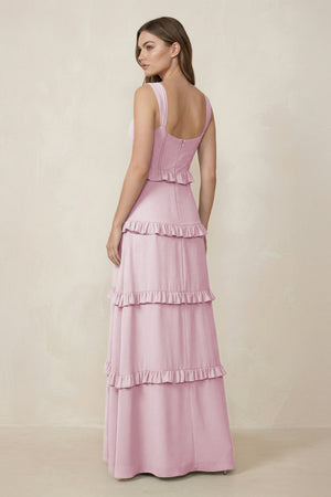 Candy Pink Sweetheart Tiered A-Line Chiffon Bridesmaid Dress (2) | KISSBRIDAL