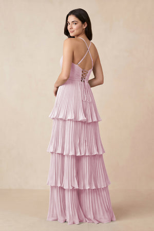 Candy Pink Tiered Pleated V-Neck A-Line Chiffon Bridesmaid Dress (2) | KISSBRIDAL