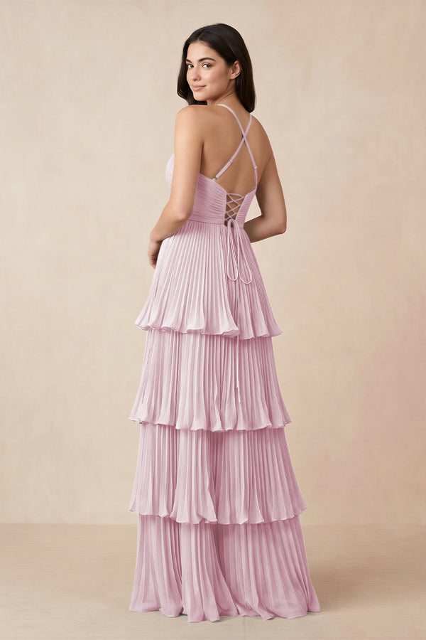 Candy Pink Tiered Pleated V-Neck A-Line Chiffon Bridesmaid Dress (2) | KISSBRIDAL