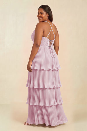 Candy Pink Tiered Pleated V-Neck A-Line Chiffon Bridesmaid Dress (2) [sizeplus] | KISSBRIDAL