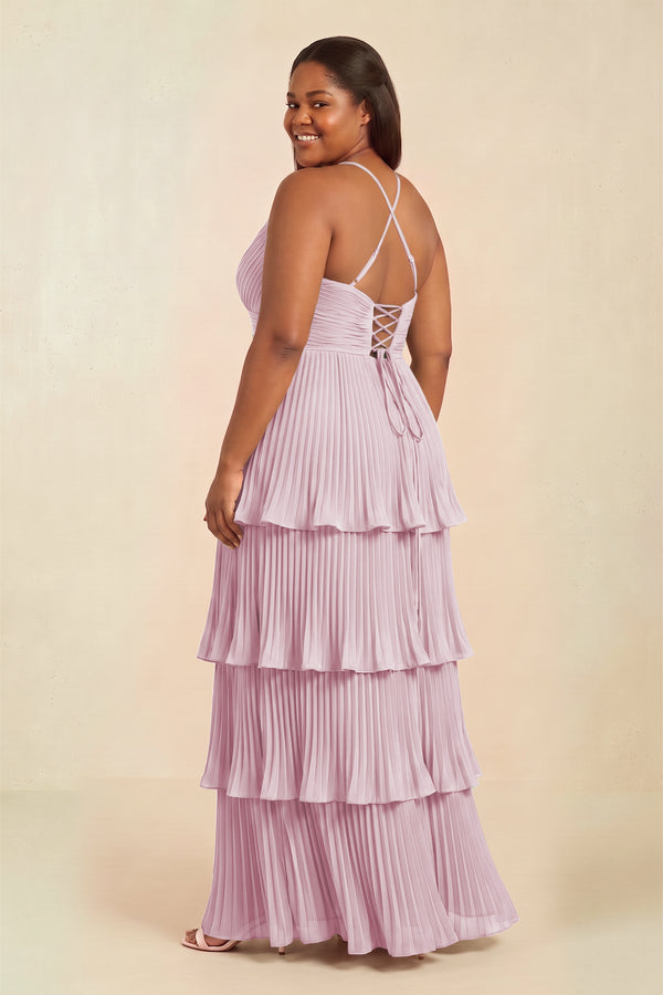 Candy Pink Tiered Pleated V-Neck A-Line Chiffon Bridesmaid Dress (2) [sizeplus] | KISSBRIDAL
