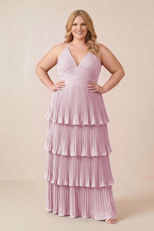 Candy Pink Tiered Pleated V-Neck A-Line Chiffon Bridesmaid Dress (3) [sizeplus] | KISSBRIDAL