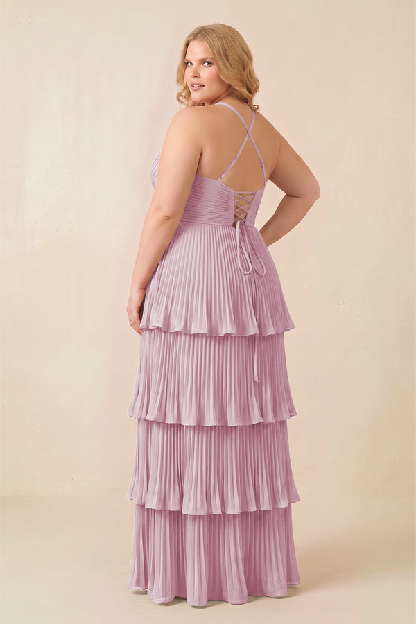 Candy Pink Tiered Pleated V-Neck A-Line Chiffon Bridesmaid Dress (4) [sizeplus] | KISSBRIDAL