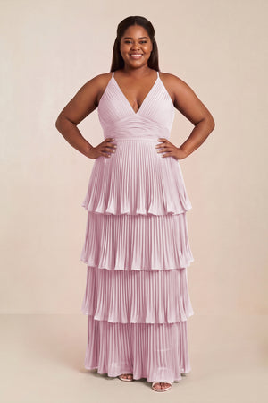 Candy Pink Tiered Pleated V-Neck A-Line Chiffon Bridesmaid Dress [sizeplus] | KISSBRIDAL