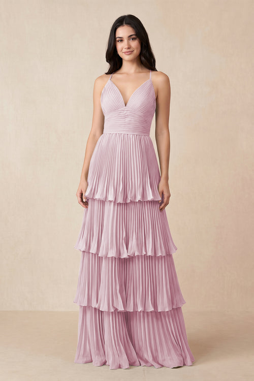 Candy Pink Tiered Pleated V-Neck A-Line Chiffon Bridesmaid Dress | KISSBRIDAL
