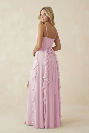 Candy Pink Tiered Ruffle A-Line Chiffon Bridesmaid Dress (2) | KISSBRIDAL