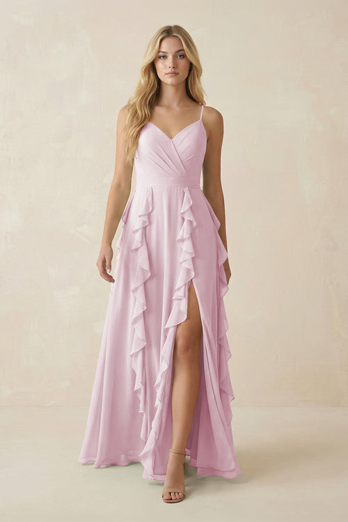 Candy Pink Tiered Ruffle A-Line Chiffon Bridesmaid Dress | KISSBRIDAL
