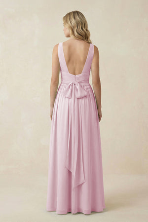 Candy Pink V-Neck A-Line Bridesmaid Dress with Back Bow (2) | KISSBRIDAL