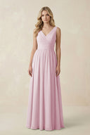 Candy Pink V-Neck A-Line Bridesmaid Dress with Back Bow | KISSBRIDAL