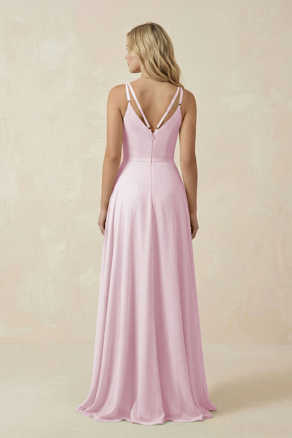 Candy Pink V-Neck A-Line Chiffon Bridesmaid Dress with Crisscross Back (2) | KISSBRIDAL