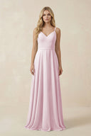Candy Pink V-Neck A-Line Chiffon Bridesmaid Dress with Crisscross Back | KISSBRIDAL
