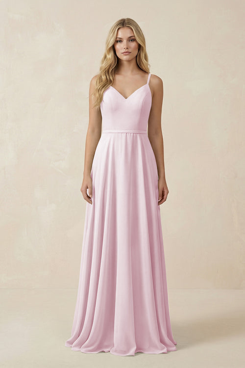 Candy Pink V-Neck A-Line Chiffon Bridesmaid Dress with Crisscross Back | KISSBRIDAL