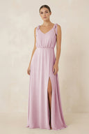 Candy Pink V-Neck A-Line Chiffon Bridesmaid Dress | KISSBRIDAL
