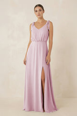 Candy Pink V-Neck A-Line Chiffon Bridesmaid Dress | KISSBRIDAL