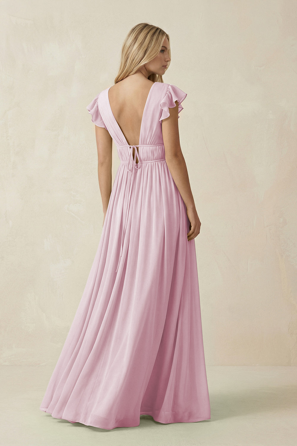 V-Neck A-Line Chiffon Cap Sleeves Bridesmaid Dress in Candy Pink