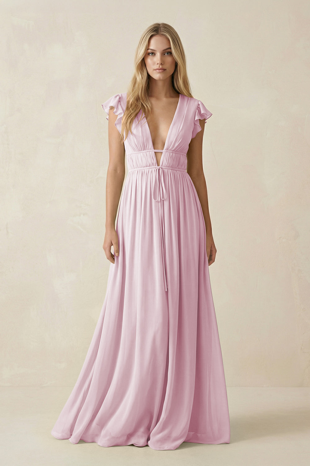 V-Neck A-Line Chiffon Cap Sleeves Bridesmaid Dress in Candy Pink