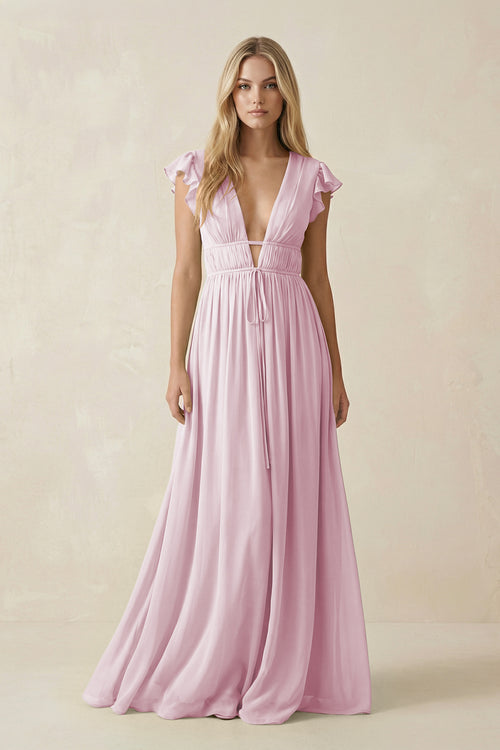 Candy Pink V-Neck A-Line Chiffon Cap Sleeves Bridesmaid Dress | KISSBRIDAL