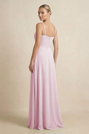 Candy Pink V-Neck A-Line Chiffon Pleated Bridesmaid Dress (2) | KISSBRIDAL
