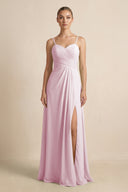 Candy Pink V-Neck A-Line Chiffon Pleated Bridesmaid Dress | KISSBRIDAL