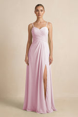 Candy Pink V-Neck A-Line Chiffon Pleated Bridesmaid Dress | KISSBRIDAL