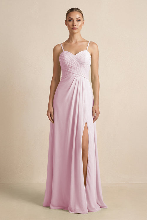 Candy Pink V-Neck A-Line Chiffon Pleated Bridesmaid Dress | KISSBRIDAL
