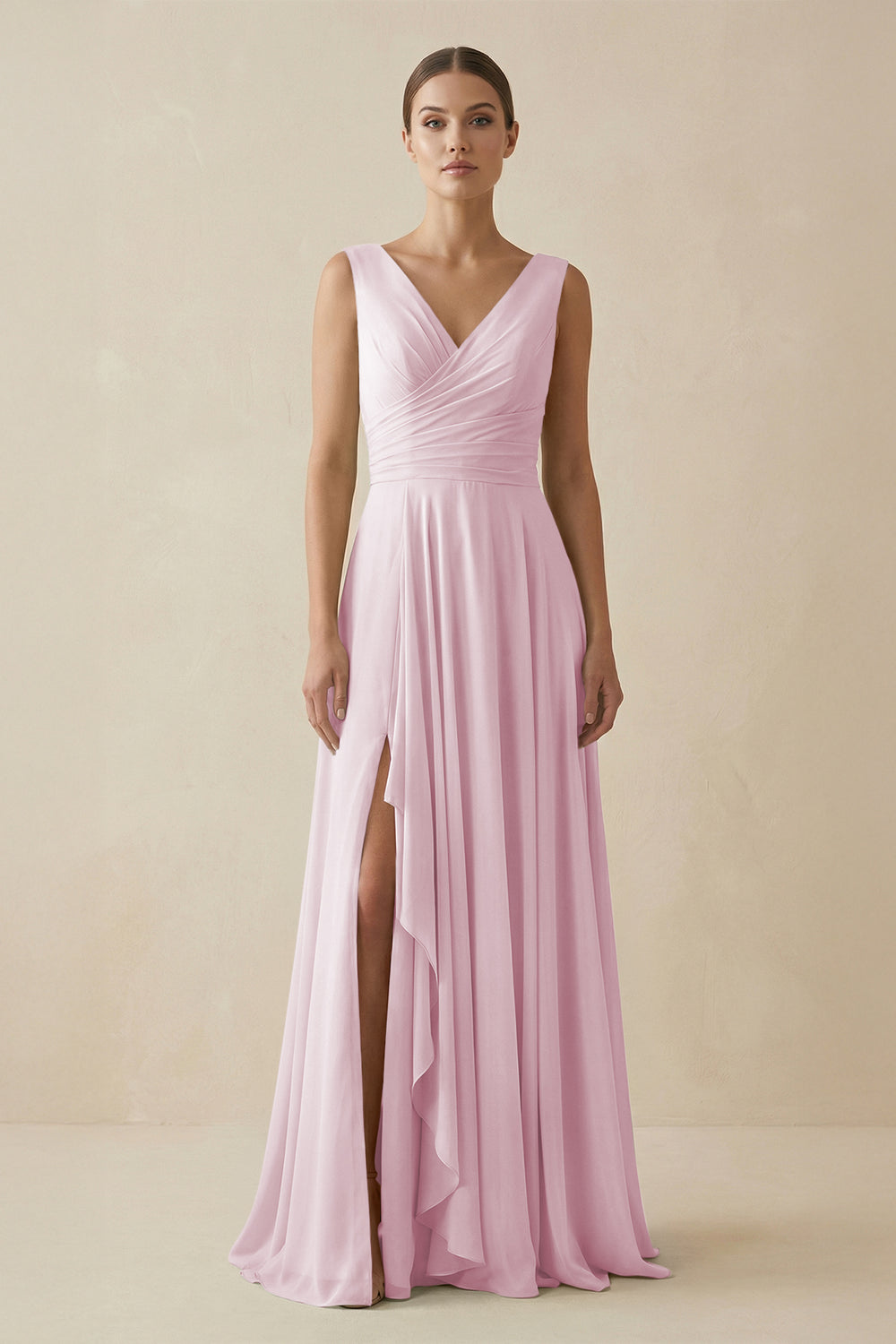 V-Neck A-Line Chiffon Ruffled Bridesmaid Dress in Candy Pink