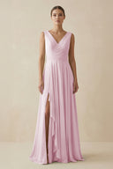 Candy Pink V-Neck A-Line Chiffon Ruffled Bridesmaid Dress | KISSBRIDAL