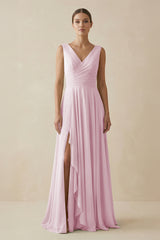 Candy Pink V-Neck A-Line Chiffon Ruffled Bridesmaid Dress | KISSBRIDAL