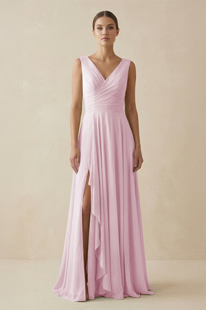 Candy Pink V-Neck A-Line Chiffon Ruffled Bridesmaid Dress | KISSBRIDAL