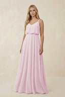 Candy Pink V-Neck Blouson A-Line Chiffon Bridesmaid Dress | KISSBRIDAL
