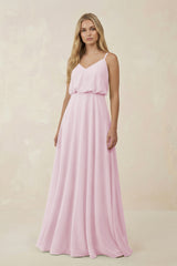 Candy Pink V-Neck Blouson A-Line Chiffon Bridesmaid Dress | KISSBRIDAL