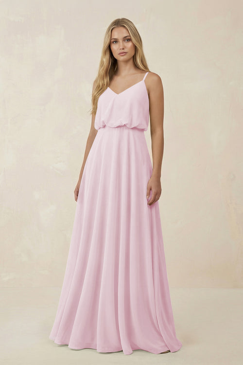 Candy Pink V-Neck Blouson A-Line Chiffon Bridesmaid Dress | KISSBRIDAL