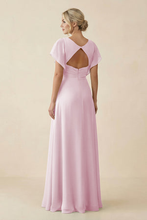 Candy Pink V-Neck Cap Sleeve Chiffon Bridesmaid Dress with Cut-out Back (2) | KISSBRIDAL