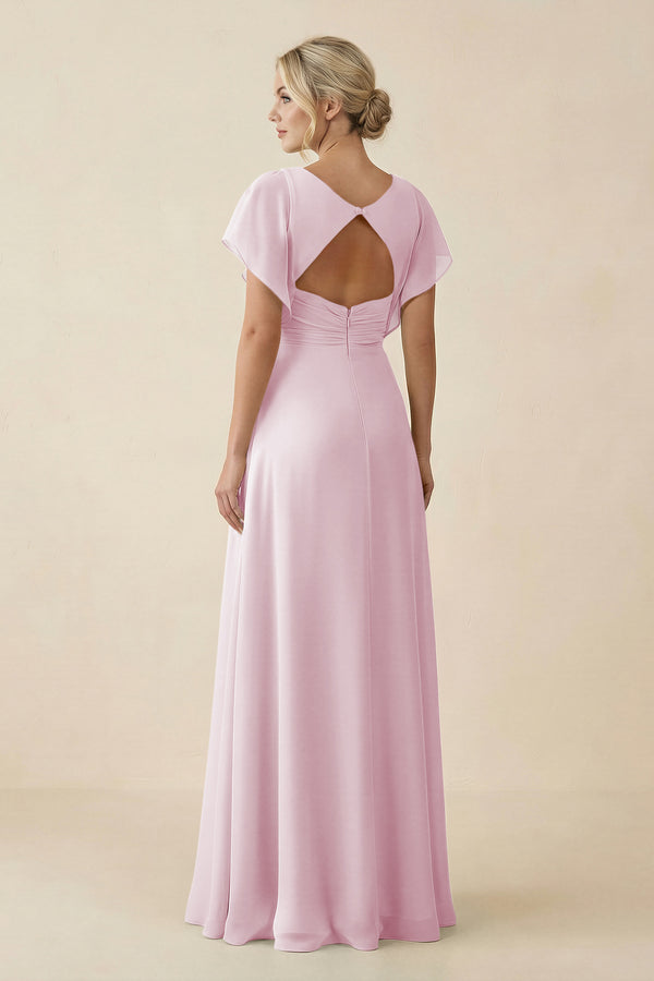 Candy Pink V-Neck Cap Sleeve Chiffon Bridesmaid Dress with Cut-out Back (2) | KISSBRIDAL