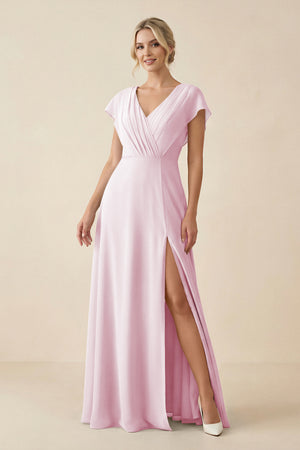 Candy Pink V-Neck Cap Sleeve Chiffon Bridesmaid Dress with Cut-out Back | KISSBRIDAL