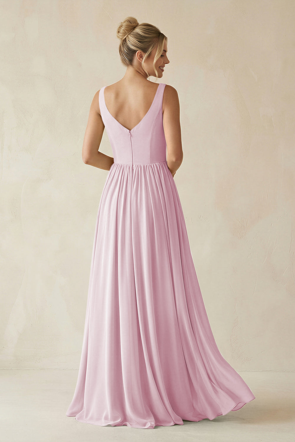 V-Neck Chiffon A-Line Long Bridesmaid Dress in Candy Pink