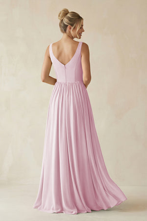 Candy Pink V-Neck Chiffon A-Line Long Bridesmaid Dress (2) | KISSBRIDAL