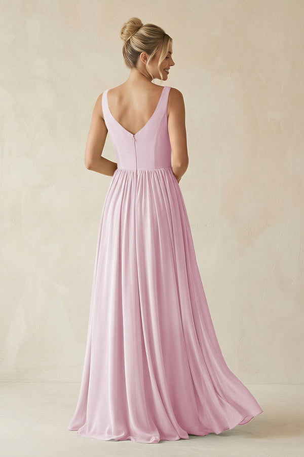 Candy Pink V-Neck Chiffon A-Line Long Bridesmaid Dress (2) | KISSBRIDAL