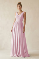 Candy Pink V-Neck Chiffon A-Line Long Bridesmaid Dress | KISSBRIDAL