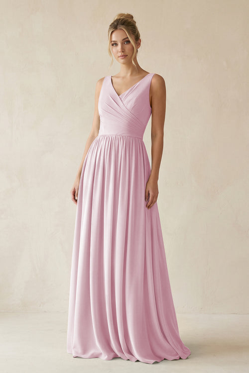 Candy Pink V-Neck Chiffon A-Line Long Bridesmaid Dress | KISSBRIDAL