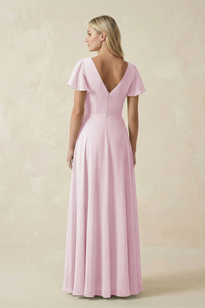 Candy Pink V-Neck Flutter Sleeve A-Line Chiffon Bridesmaid Dress (2) | KISSBRIDAL