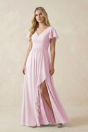 Candy Pink V-Neck Flutter Sleeve A-Line Chiffon Bridesmaid Dress | KISSBRIDAL