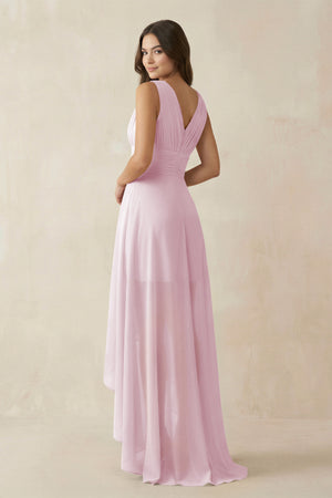 Candy Pink V-Neck High-Low Chiffon Bridesmaid Dress (2) | KISSBRIDAL