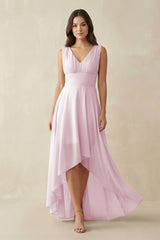 Candy Pink V-Neck High-Low Chiffon Bridesmaid Dress | KISSBRIDAL