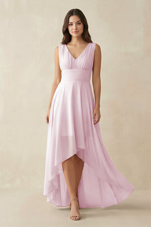 Candy Pink V-Neck High-Low Chiffon Bridesmaid Dress | KISSBRIDAL