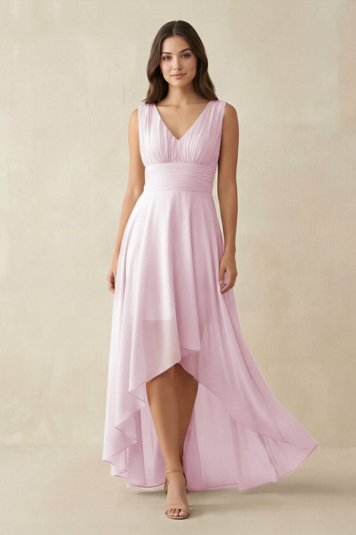 Candy Pink V-Neck High-Low Chiffon Bridesmaid Dress | KISSBRIDAL