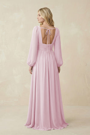 Candy Pink V-Neck Long Sleeve A-Line Chiffon Bridesmaid Dress (2) | KISSBRIDAL