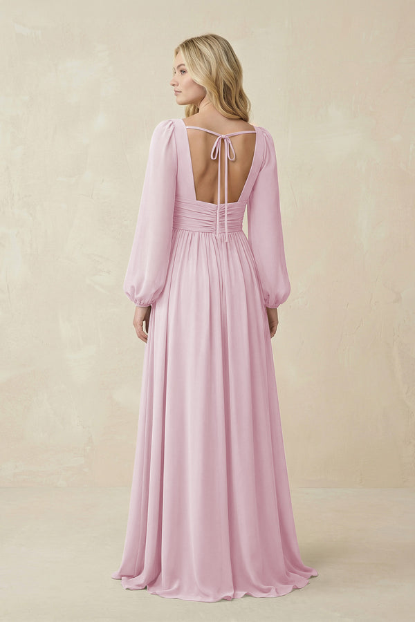 Candy Pink V-Neck Long Sleeve A-Line Chiffon Bridesmaid Dress (2) | KISSBRIDAL
